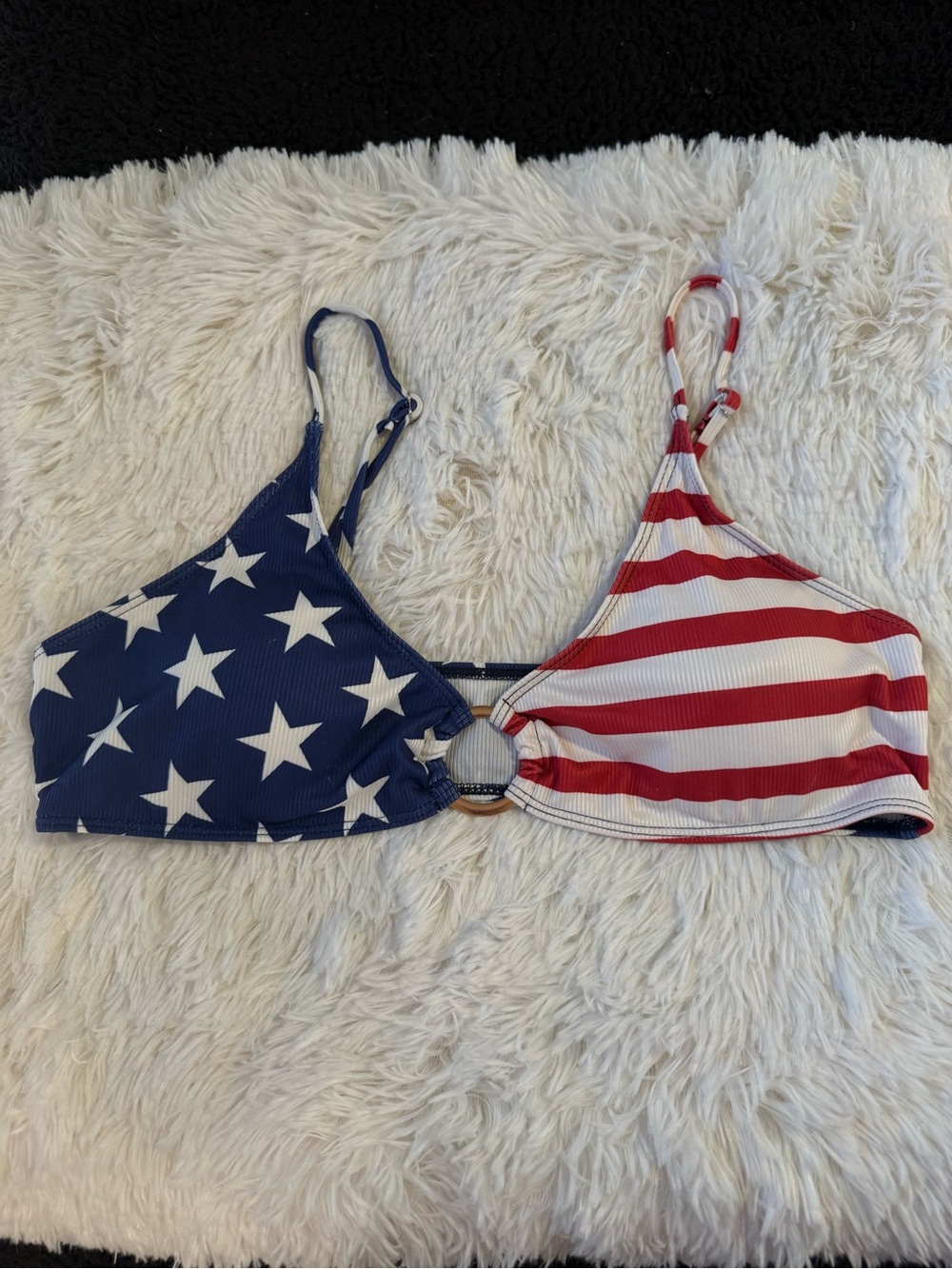 Stars Stripes USA American Flag Ring Front Bikini Top Blue Red Womens 2XL